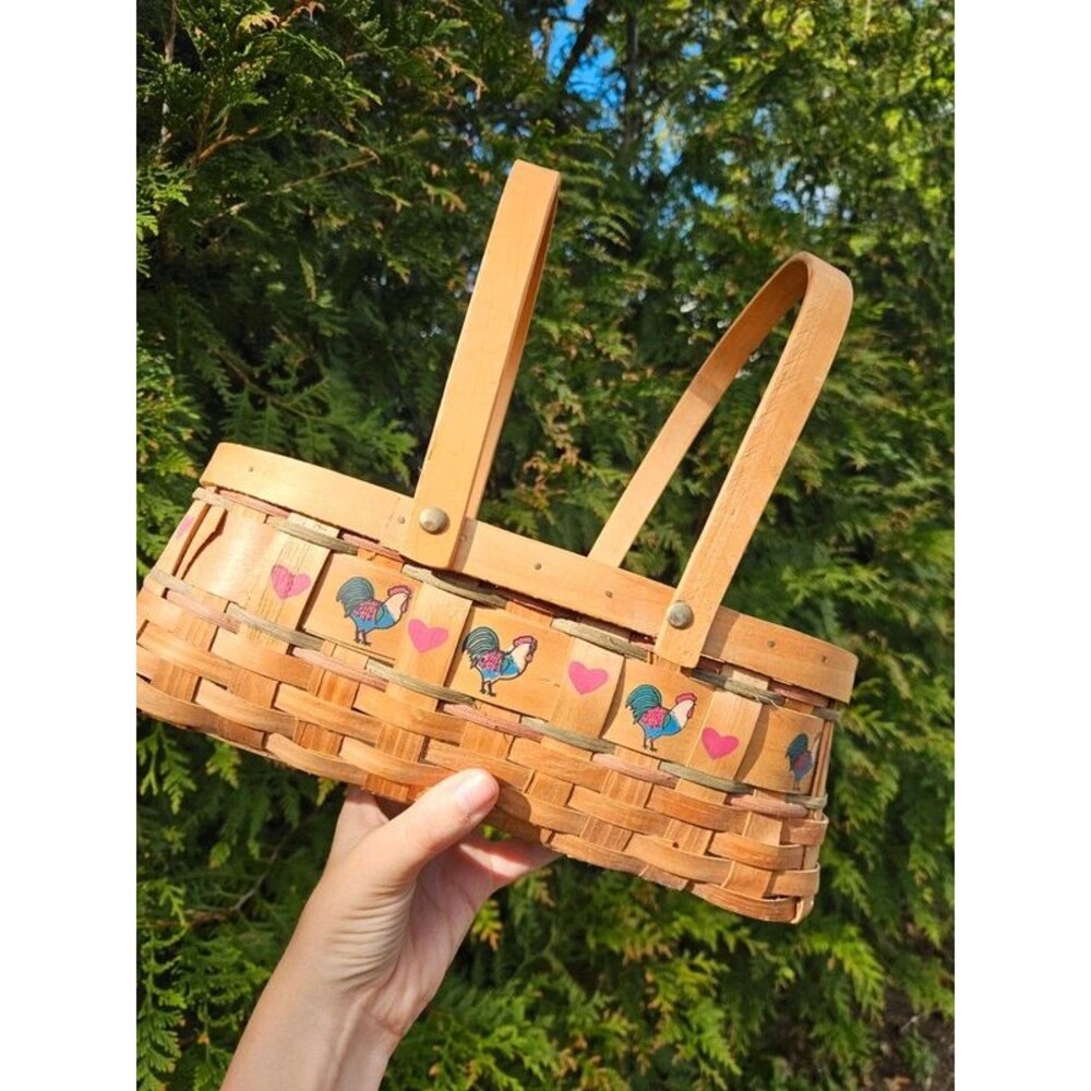Vintage Woven Basket With Chickens & Hearts Country Decor Cottage Core 14x9x13.5